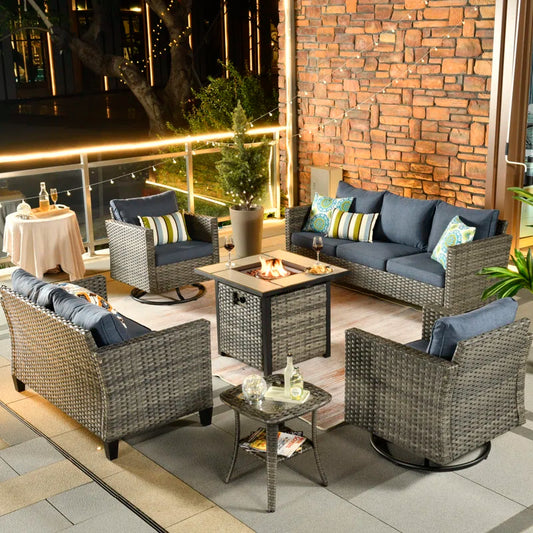 Lovall Rattan Wicker 7 - Person Seating Group with Fire Pit and Cushions