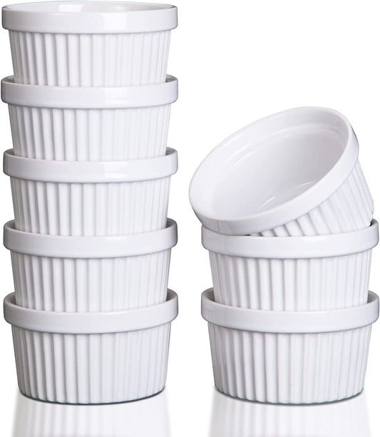 8 Oz Ramekins, Set of 8, Porcelain Ramekins for Creme Brulee Dishes Oven Safe, Classic Style Custard Cups for Baking, Souffle Ramekins Dish Bowls, Dipping Sauce Bowls - White